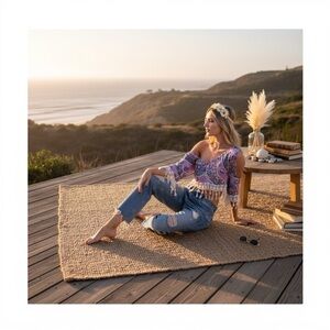 new Millau 𒀭 Cold Shoulder Lace Fringe Festival Crop Top 𒀭 Multicolor Print 𒀭XS